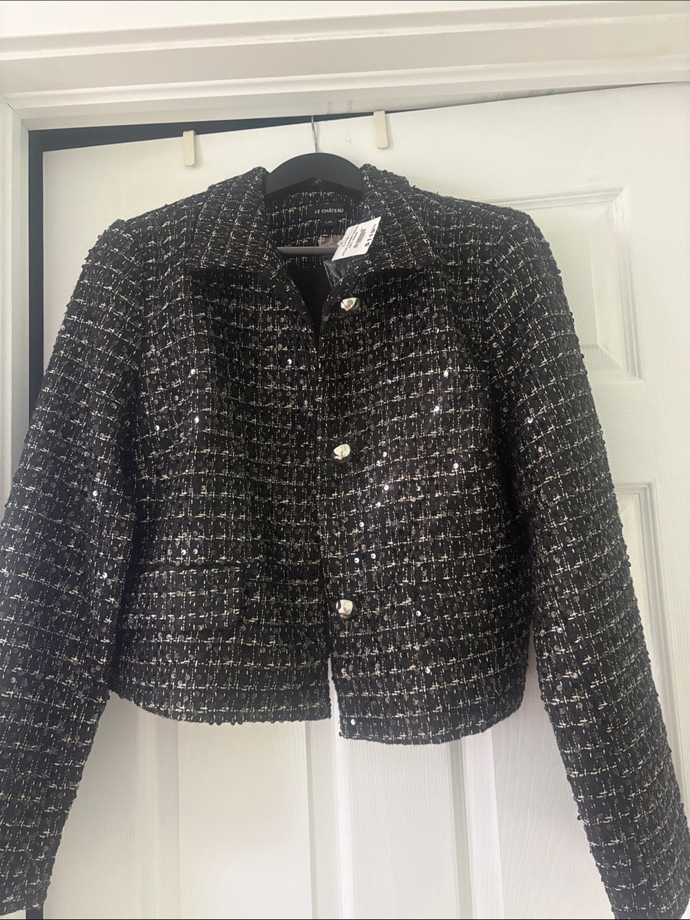 Chanel-Style Black Tweed Boxy Jacket with Sequins